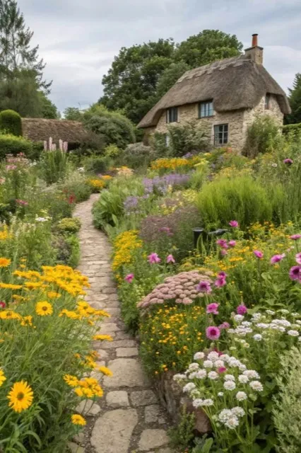 Stone path through a colorful flower garden